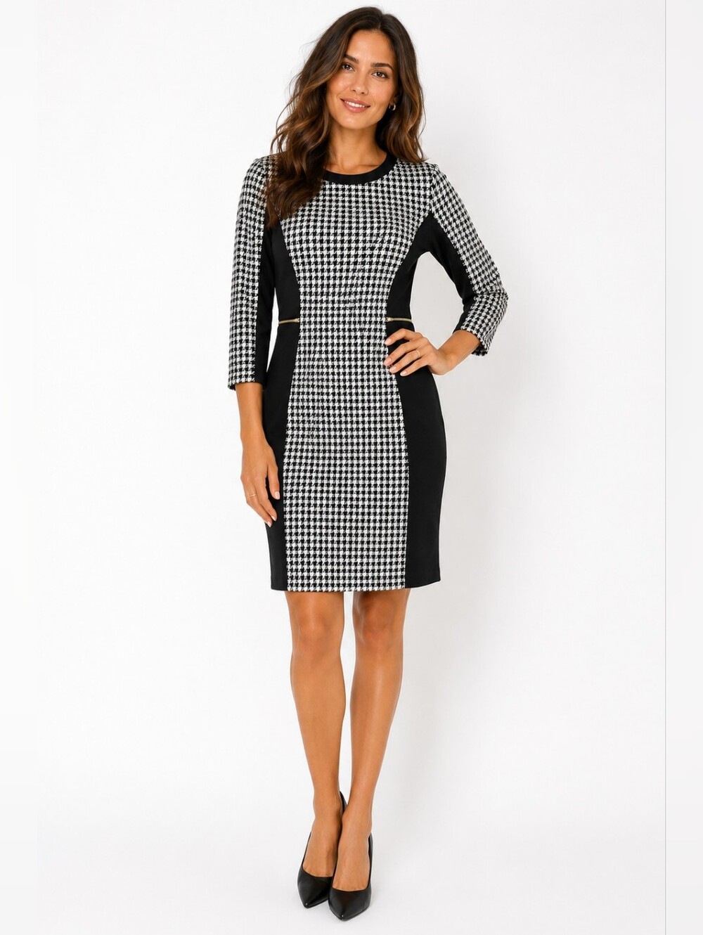 H&M Women’s Black & White Houndstooth Colorblock Sheath Dress – Size 8 New